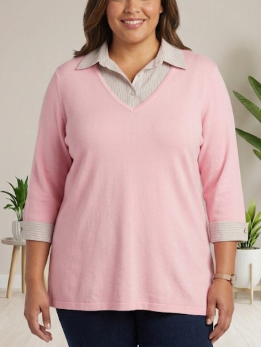 Fred David Pull-on Sweater V-Neck Collared Women’s sz 22-24W Soft Pink
